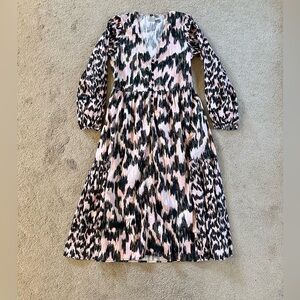 Maria Cher Long Sleeve Grey Pink Mix Ikat Print Maxi Poplin Dress M Button